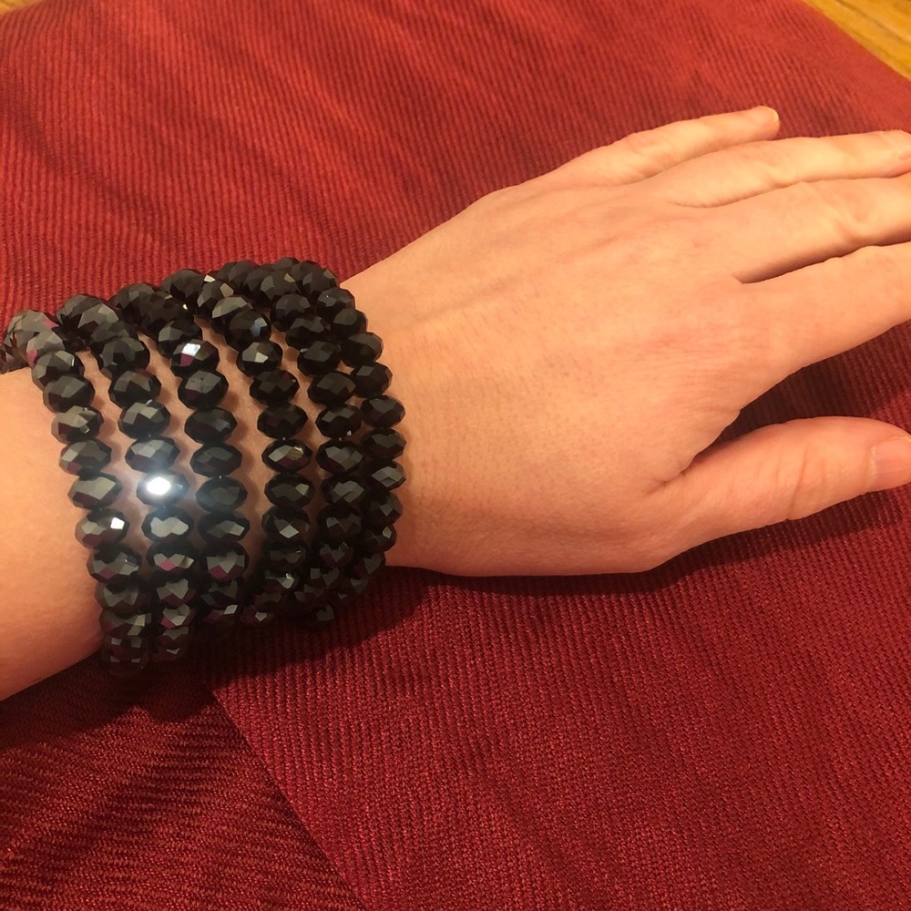 Black Glass Rondelle Bead Spiral Cuff Bracelet